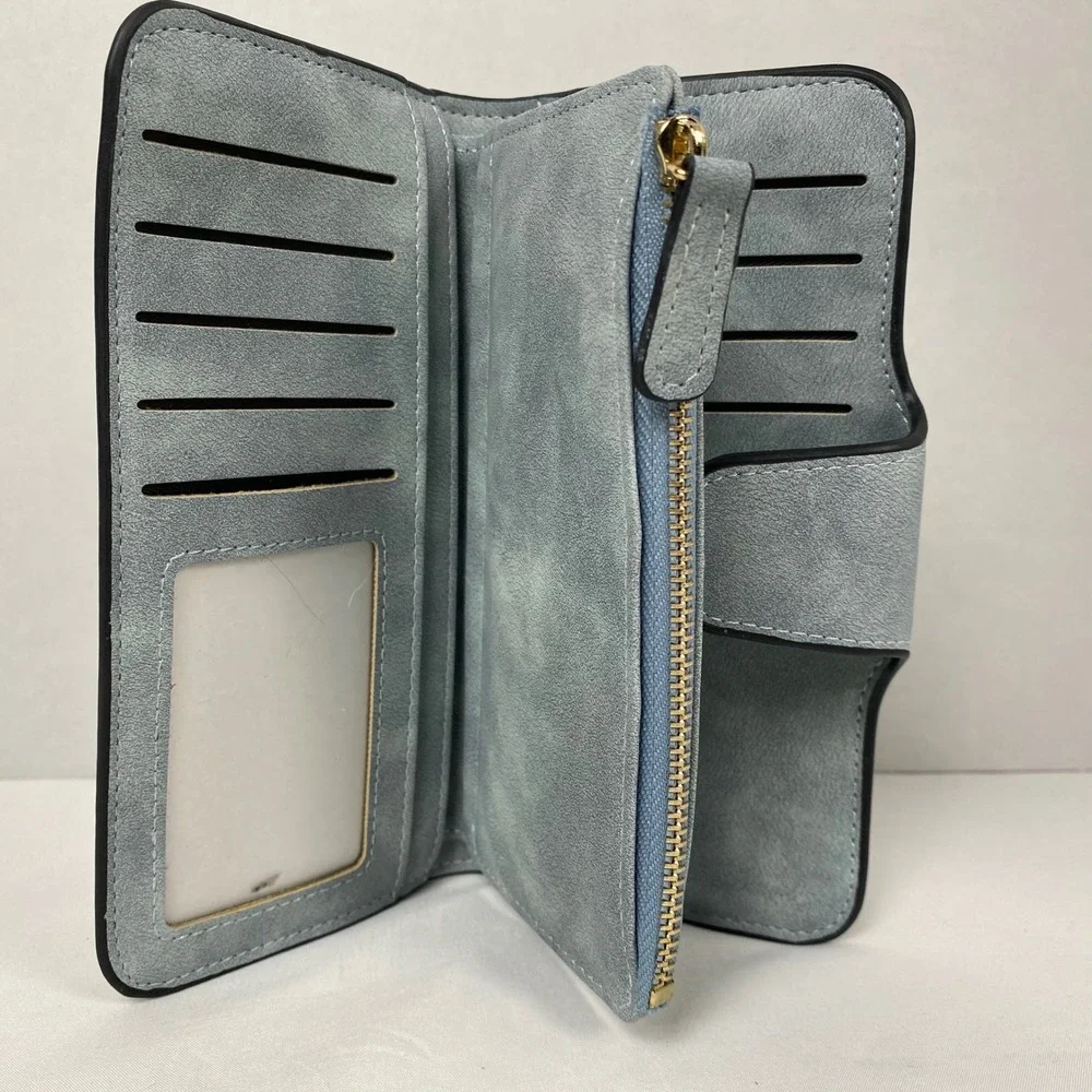 Womens Wallet Blue Faux Suede Bifold Zip Around Multi Card Holder ID Window NWT‎